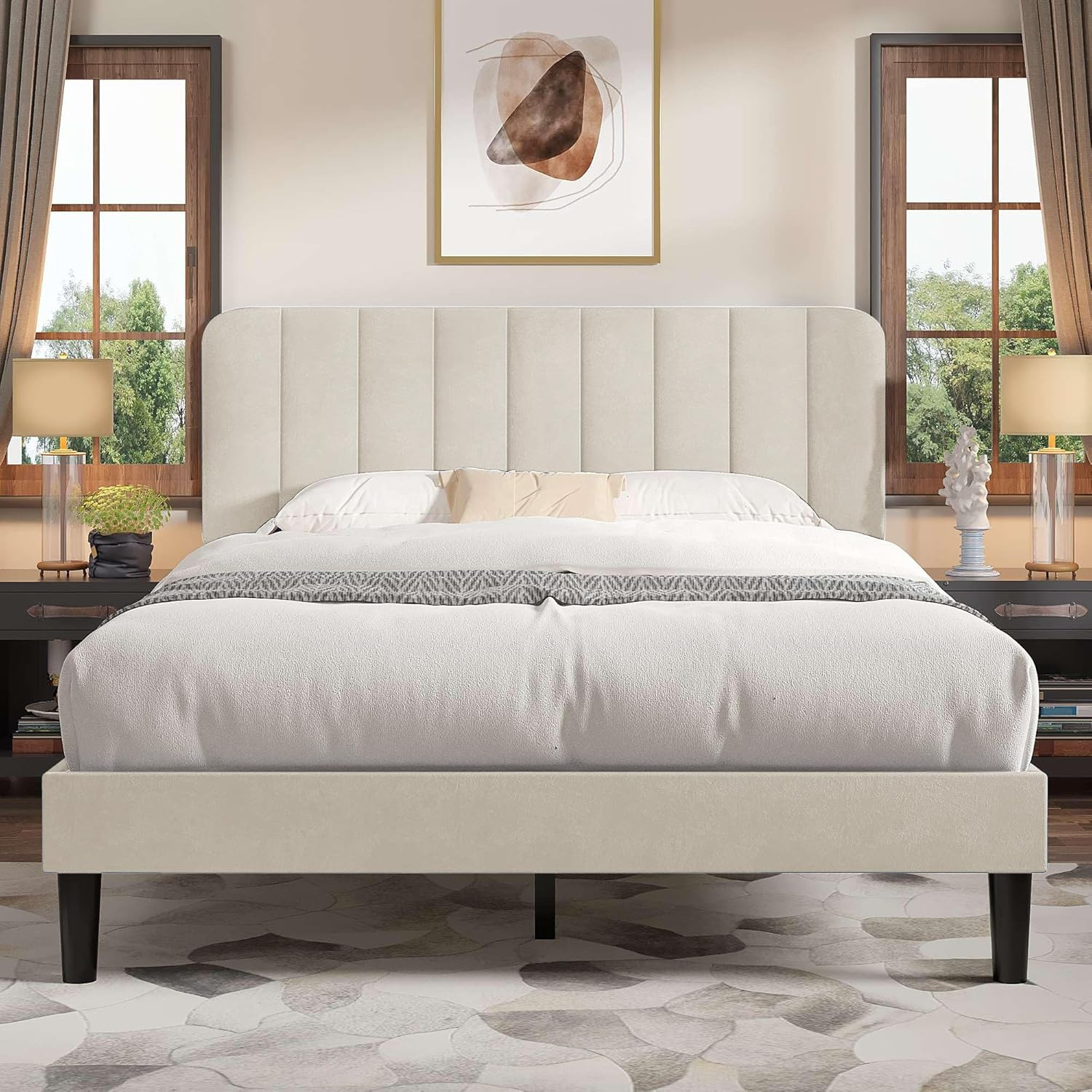 VECELO Full Size Bed Frame with Upholstered Headboard, Velvet Platform Bedframe gallery