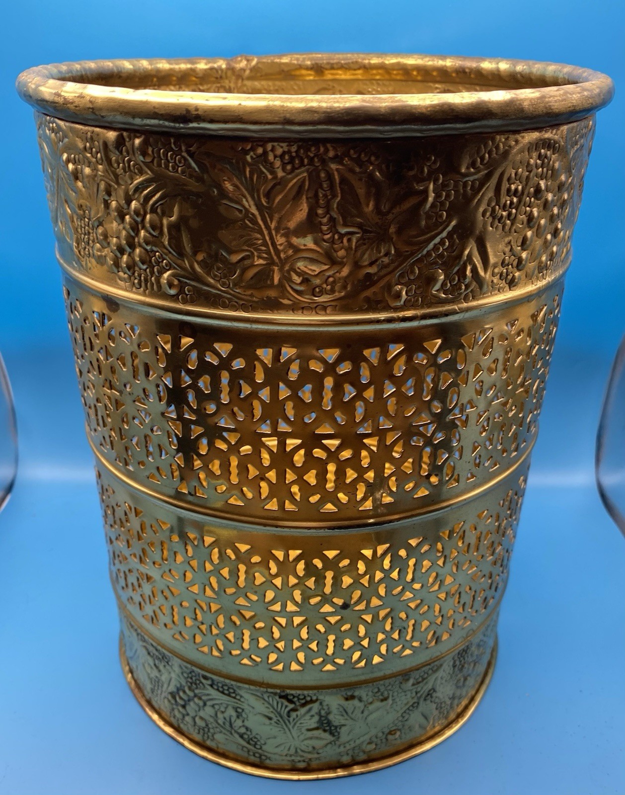 Brass Repousse Wastebasket Trash Can Reticulated 10" Bin Grapes Vines Leaves gallery