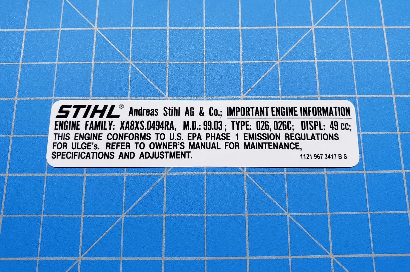 Stihl 026 Chainsaw Emissions Label Stihl Label # 1121 967 3417, # 11219673417 gallery