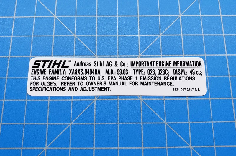 Stihl 026 Chainsaw Emissions Label Stihl Label # 1121 967 3417, # 11219673417 gallery