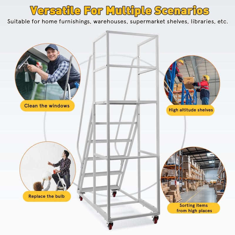 6 Steps Rolling Ladder, Mobile Platform Ladders with Brakeable Wheels 1213LBS gallery