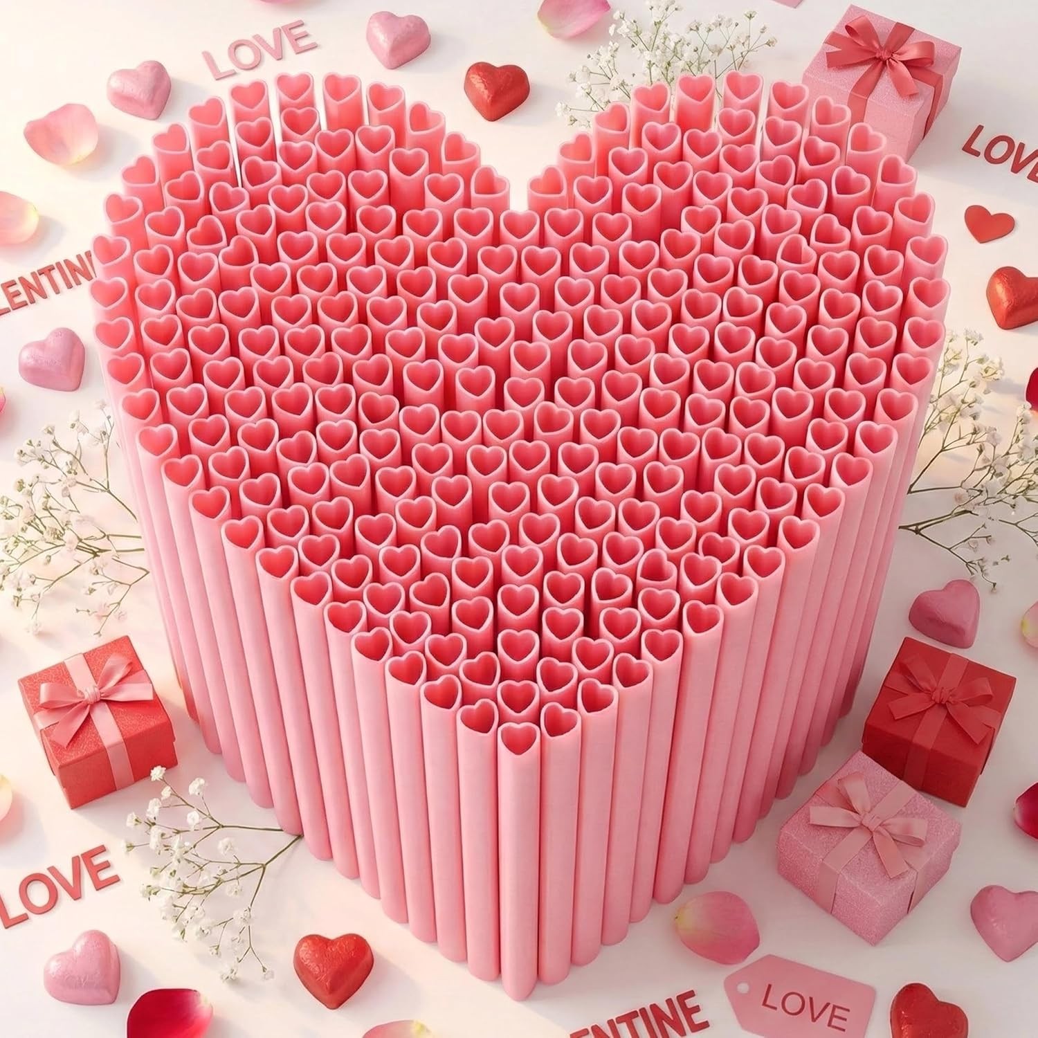 100PCS Valentines Day Heart Straws - Heart Shaped Pink Straws Plastic Disposable gallery