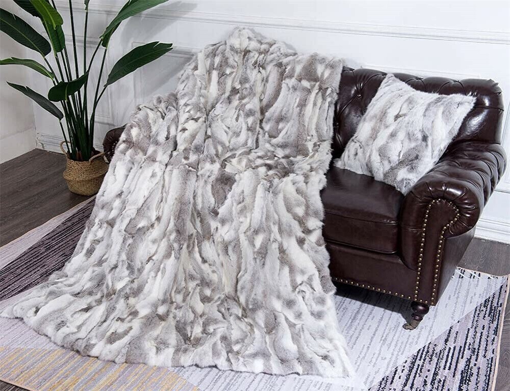 Genuine Rabbit Fur Throw Real Fur Blanket Warm Soft Bedspread King Size80inx76in gallery