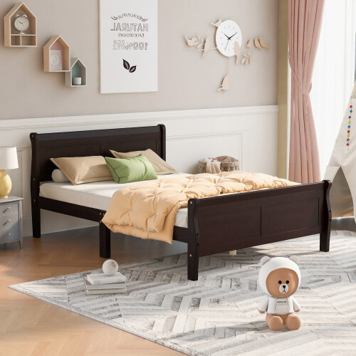 Full/Queen Size Wood Bed Frame Platform Bed w/ Headboard and Wooden Slat Support gallery
