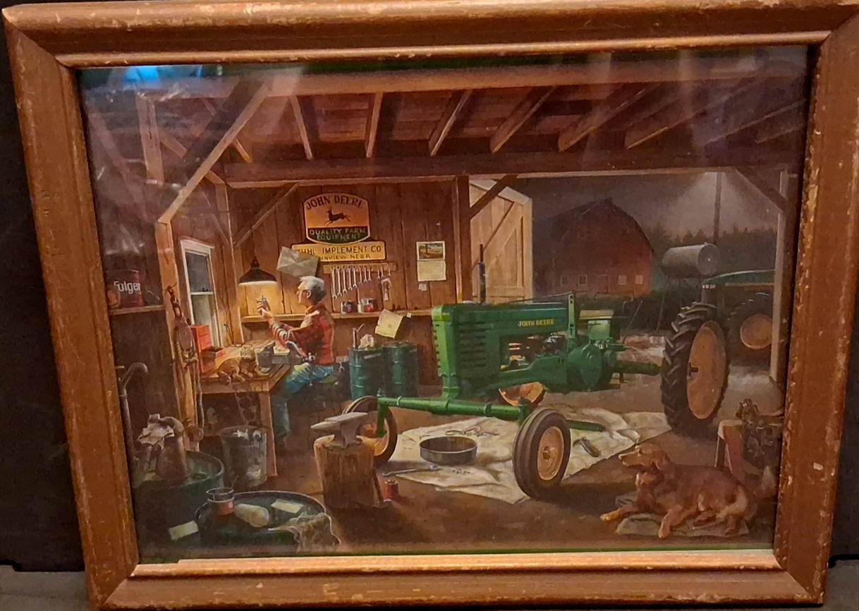 Vtg John Deere Collector "Working In The Garage" Framed 11" x 9" Picture gallery
