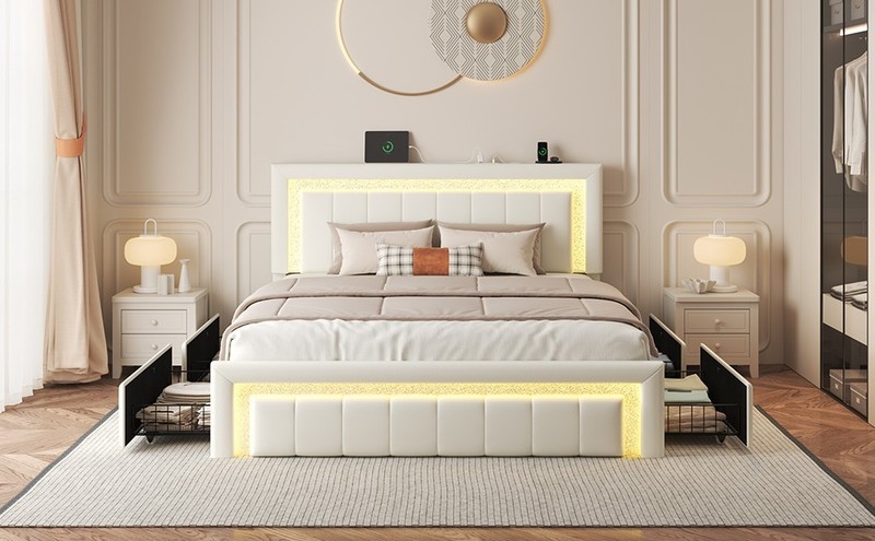 Full/Queen Bed Frame with Upholstered LED Headboard＆4 Storage Drawer, Charging. gallery