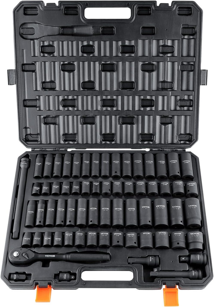 1/2" Drive Impact Socket Set, 65 Piece SAE 3/8" to 1-1/4" and Metric 10-24Mm, 6
