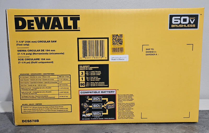NEW! DeWalt 60 Volt FlexVolt 7 1/4" Sierra Brushless Circular Saw DCS578B gallery