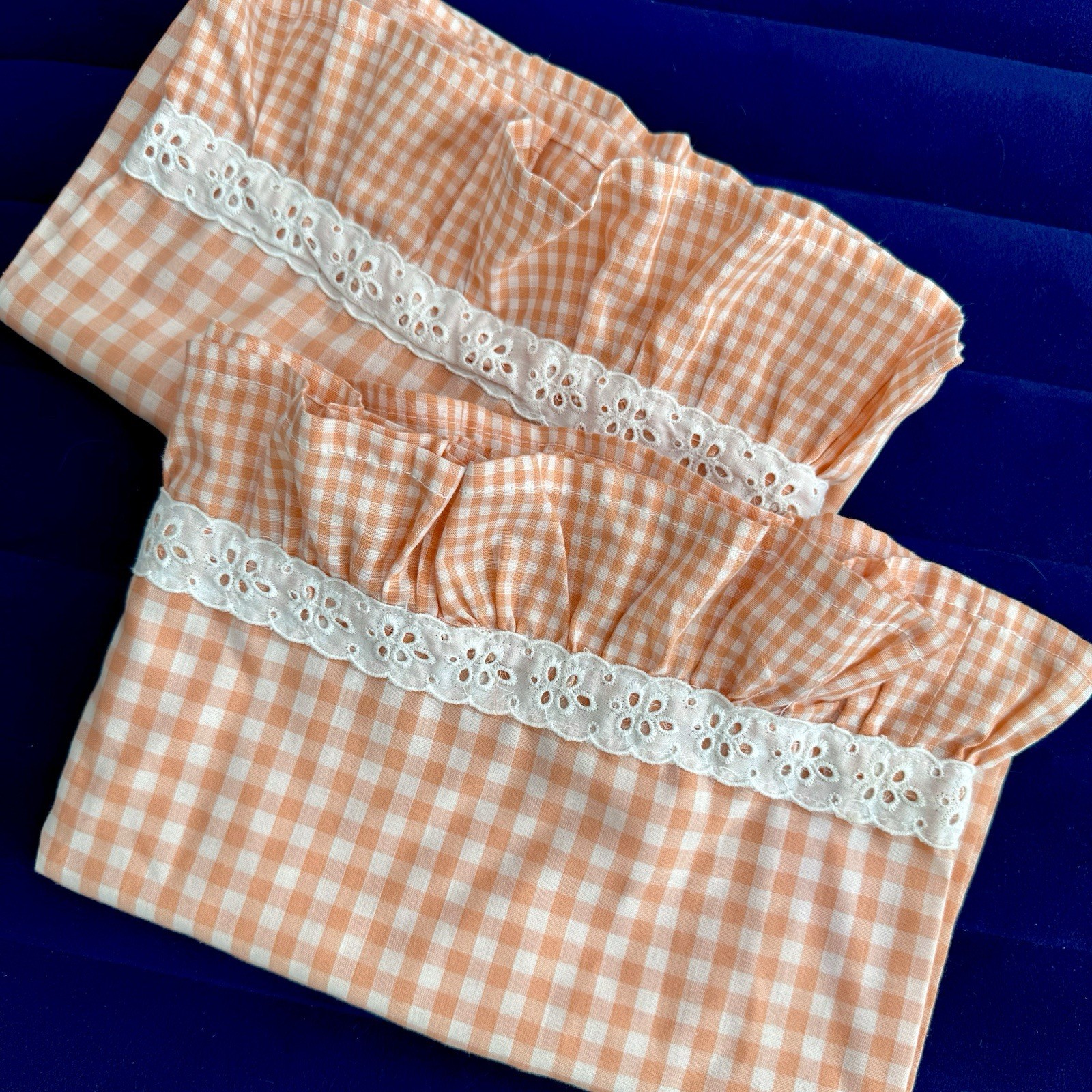 2 Vtg Pair Standard Handmade Orange Ruffle Gingham Checked Pillowcases 22x28 gallery
