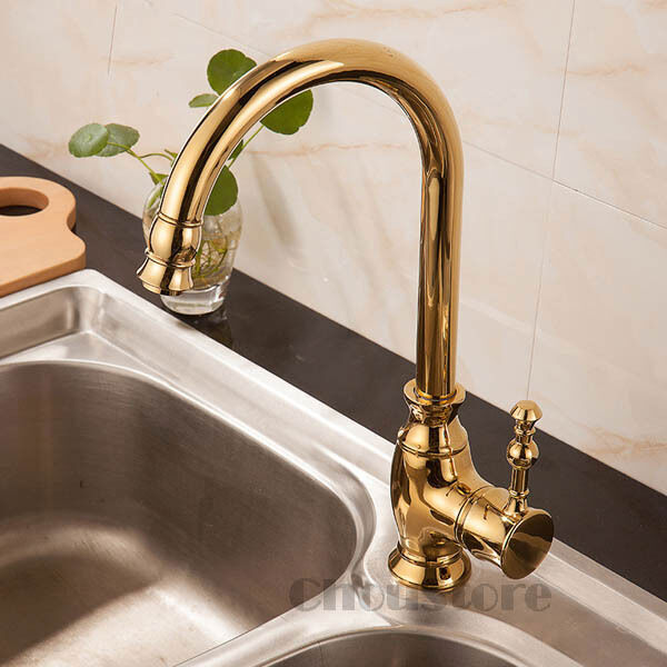 Gold Polished Brass Single Lever Kitchen Sink Faucet Vessel Mixer Swivel Tap NEW gallery