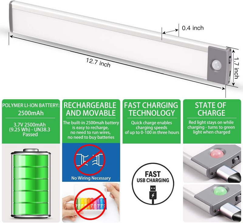 Rechargeable Motion Sensor Led Lights Ultra Thin Softer under Counter 54-LED Clo gallery