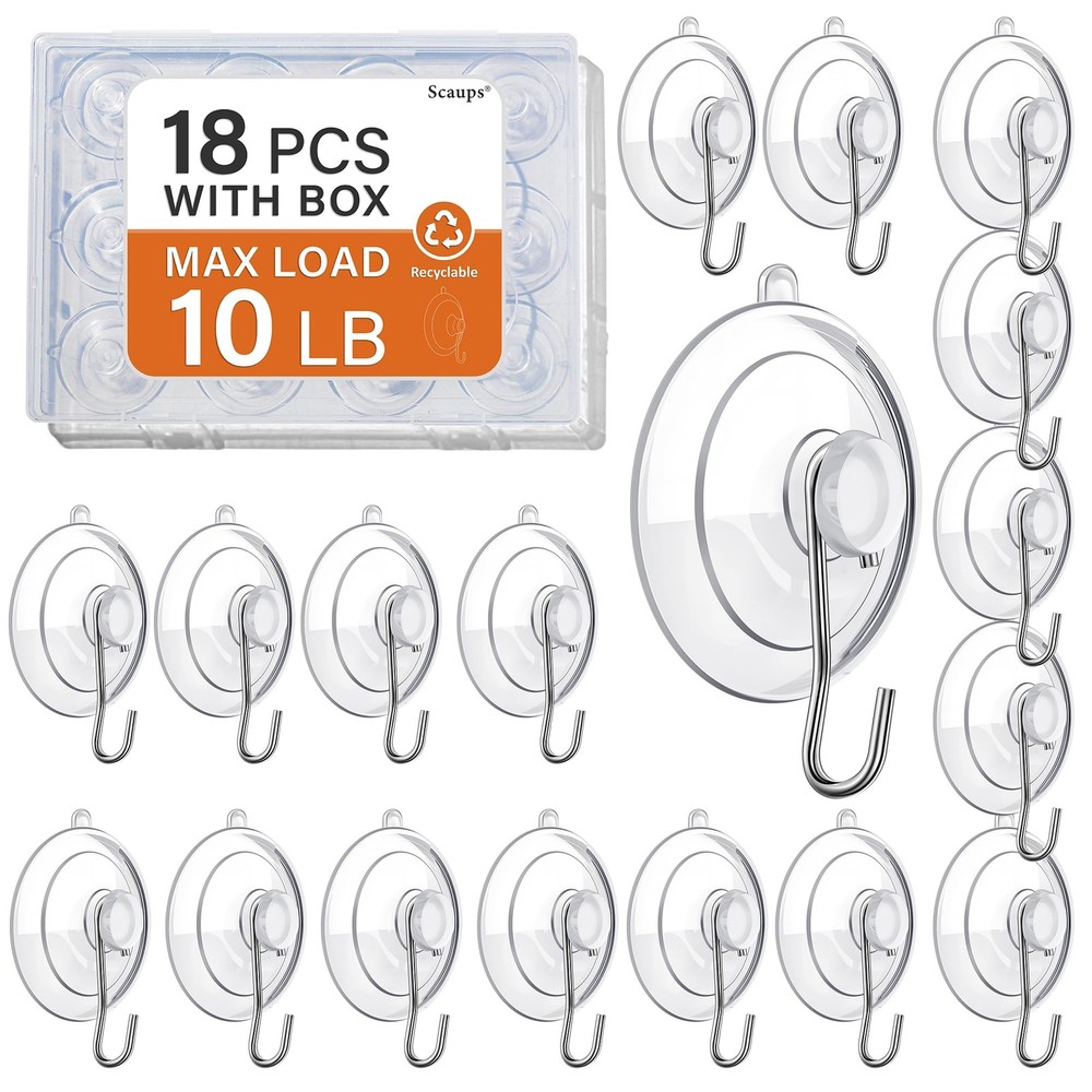 18 Pack Suction Cup Hooks Max Load 10LB, 1.77Inch Suction Cup Hook for Glass