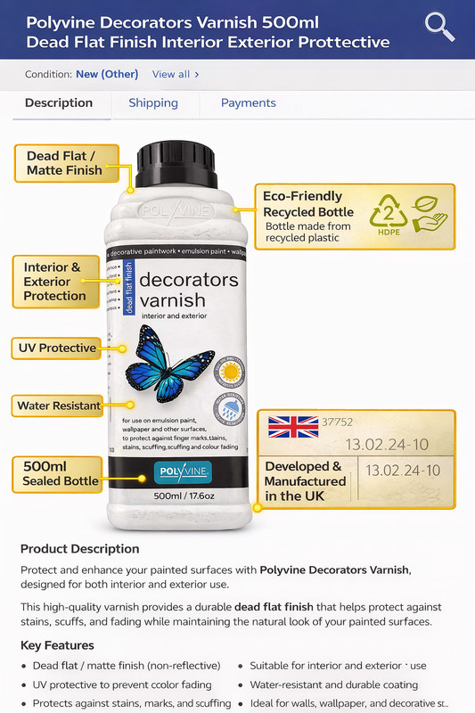 Polyvine Decorators Varnish 500ml Dead Flat Matte Finish Interior Exterior UV Pr gallery