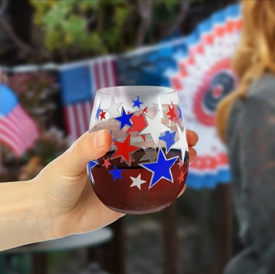 Patriotic Red, White & Blue Plastic Stemless Wine Glass 4th Of July Independence gallery