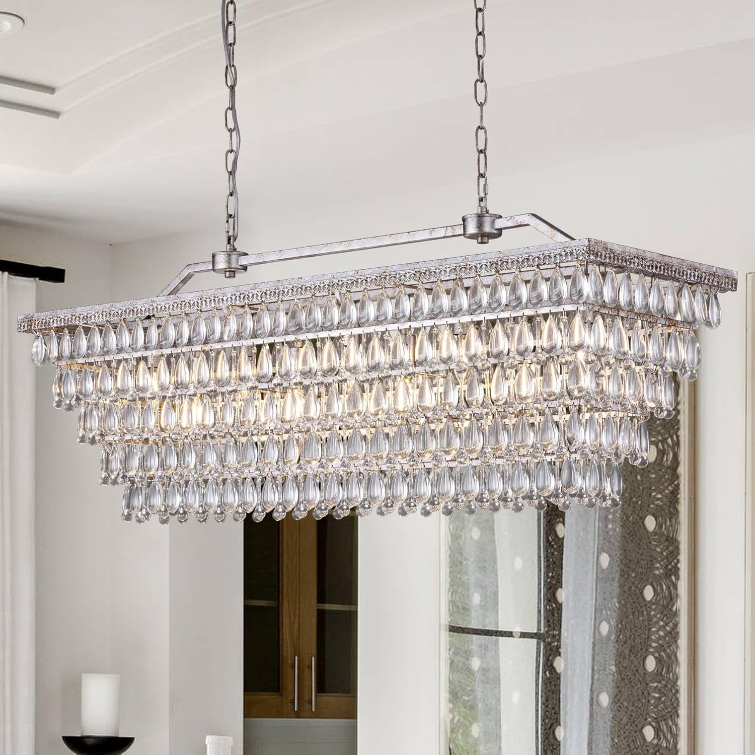 Elegant 48" Antique Silver Crystal Chandelier - 9 Lights for High Ceilings gallery