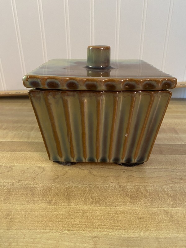 Preowned Greenish-Brown Square Boxed Shaped Dish + Lid....Global Views INC....DB gallery
