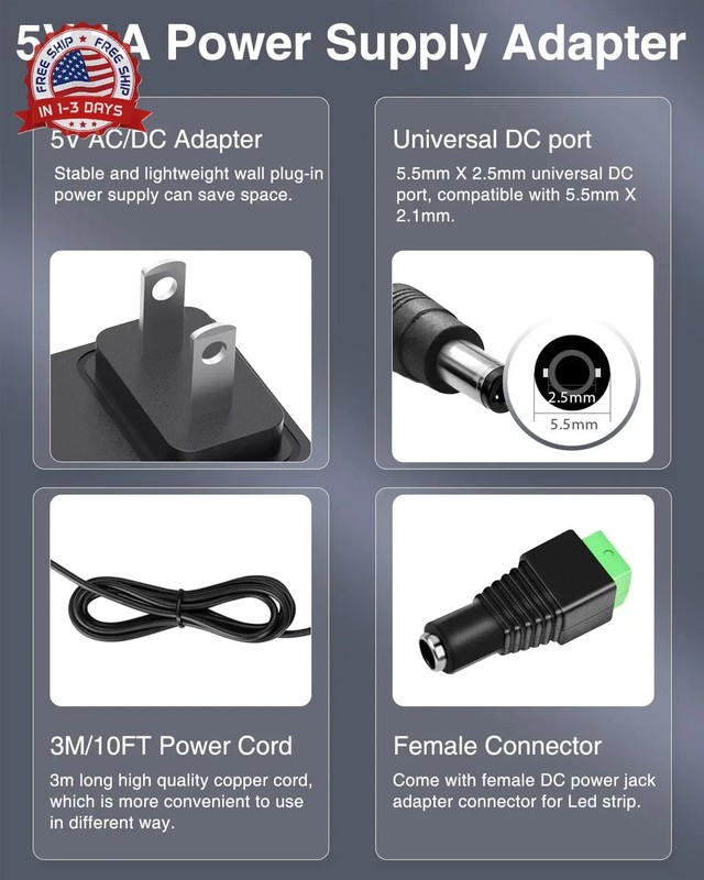 5V 1A Power Supply 5Volt 1Amp AC Adapter 100-240V DC 5V Power Cord 10FT,5.5mm x gallery