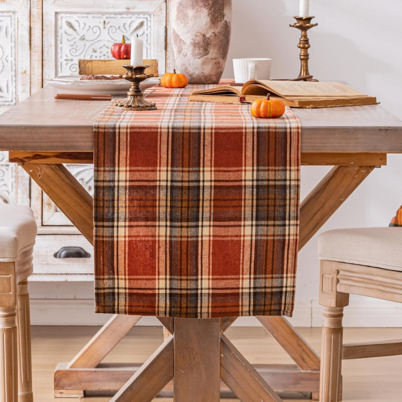 Plaid Fall Thanksgiving Table Runner, Autumn Holiday Rust Orange Table Runners 7 gallery