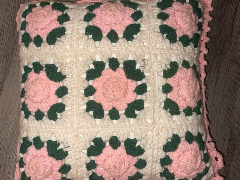 Handmade Crocheted Granny Square 3D Rose Floral Afghan Blanket 79”X72” & Pillow gallery