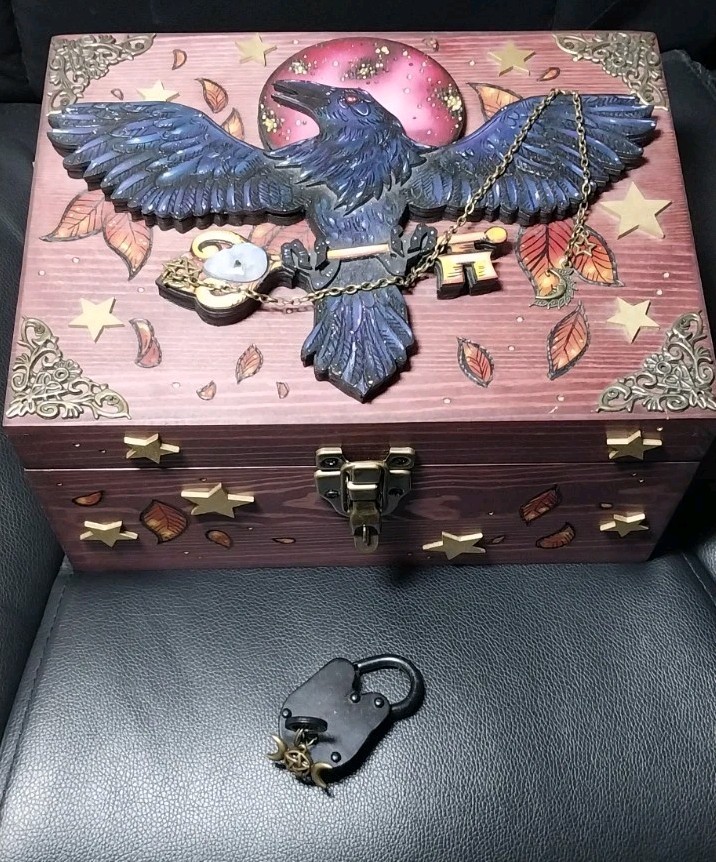 Raven Storage Chest - Wooden Decorated Trunk With Hidden Key Feature gallery