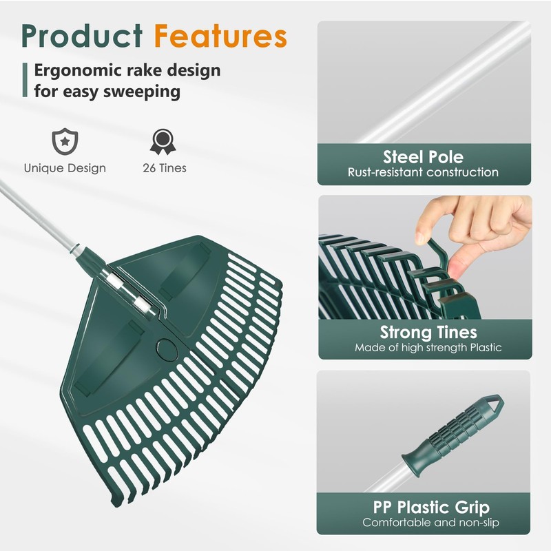 Adjustable Leaf Rake 69" with 26-Tine Head, Converts to Scoops for Yard Cleanup gallery