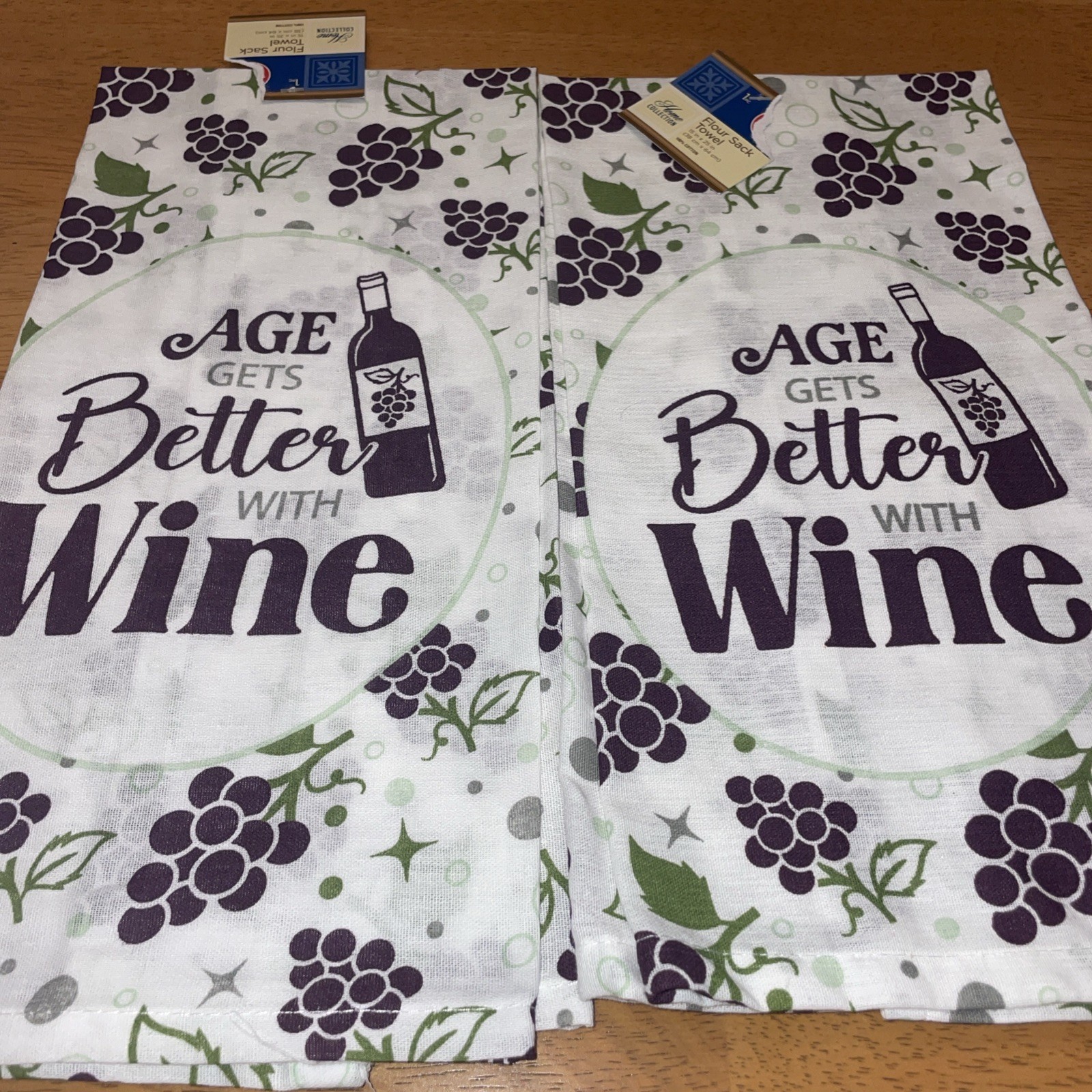 NWT~ 2- Flour Sack Kitchen Towels~ AGE GETS Better WITH WINE ~ Grapes ~Cotton gallery
