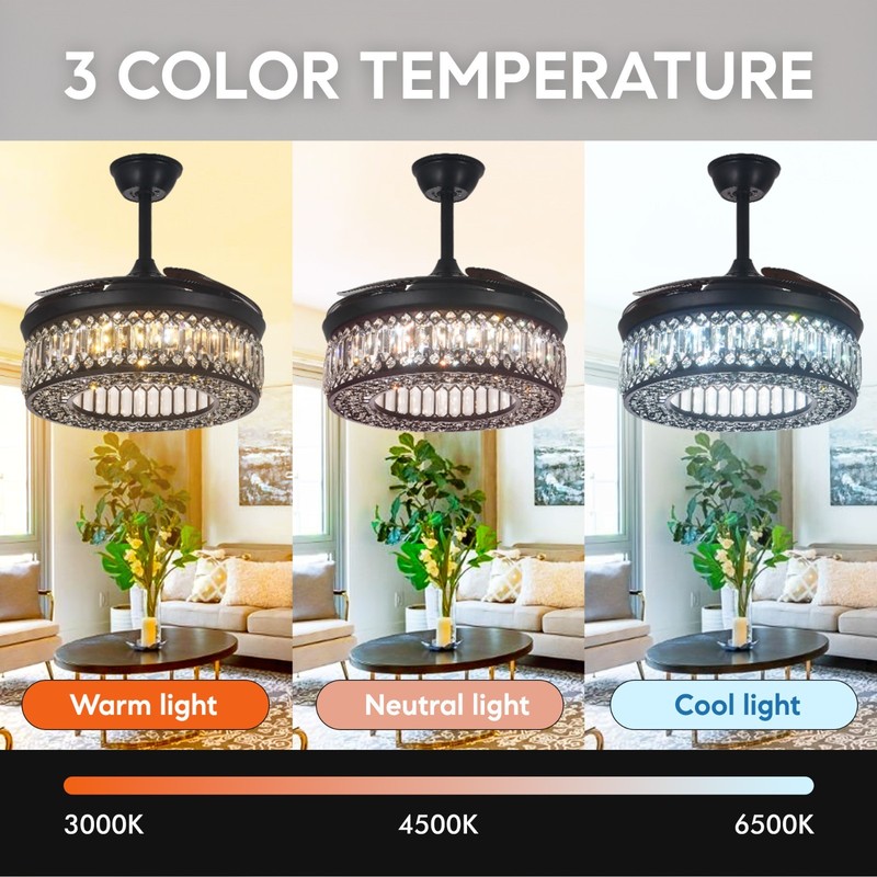 42" Retractable Ceiling Fan Crystal Chandelier Reversible Remote 6 Speed 3-Color gallery