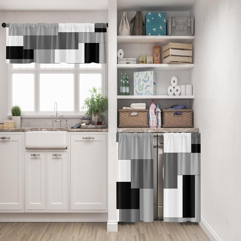 Black Grey Kitchen Window Curtains Valance and Tier Set, Dark Grey White Modern gallery