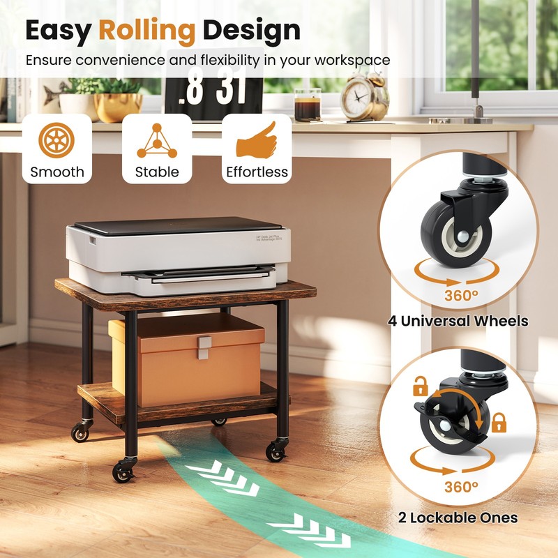 2-Tier Rolling Under Desk Printer Cart Machine Stand Storage Rack Brown gallery