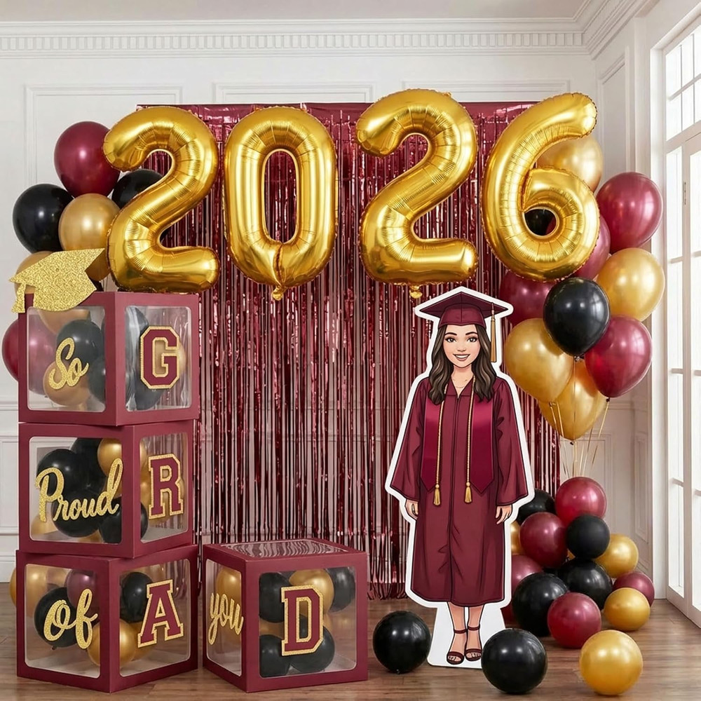 Graduation Decorations 2026 Maroon Black Gold Balloon Arch Kit GRAD Boxes