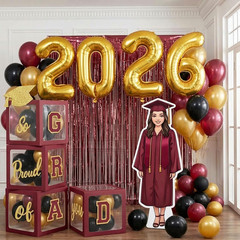 Graduation Decorations 2026 Maroon Black Gold Balloon Arch Kit GRAD Boxes