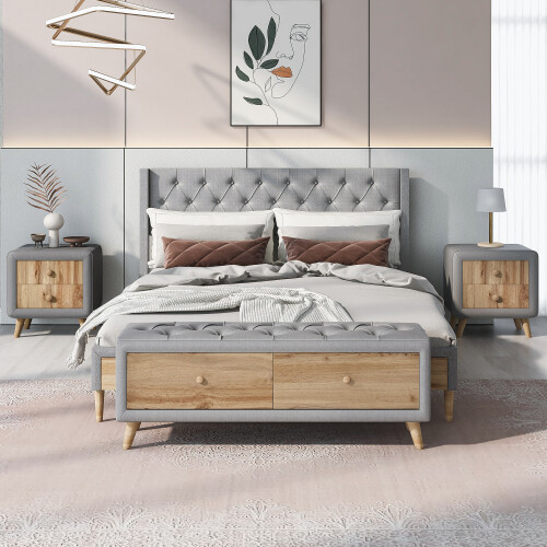 Full Queen Size Bedroom Sets Upholstered Platform Bed Frames Nightstands Bench gallery