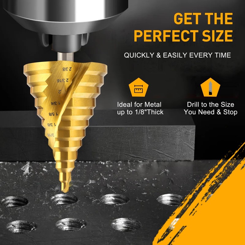 Spiral Groove Step Drill Bit, 12 Steps High-Speed Steel 1/4" to 2-3/8", Large... gallery