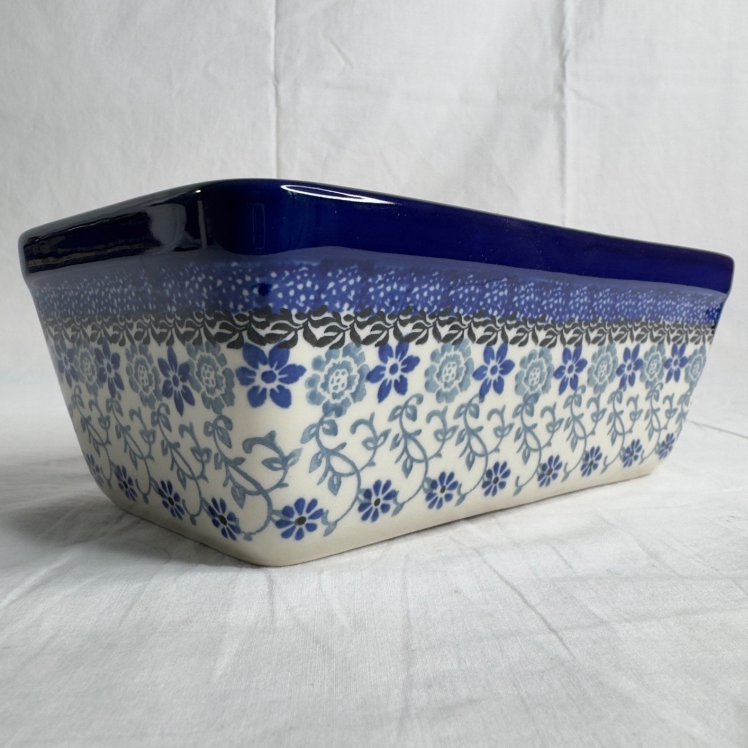 POLISH POTTERY Hand Painted BLUE FLORAL VINE 8" Loaf Pan ~ HAND MADE in POLAND gallery