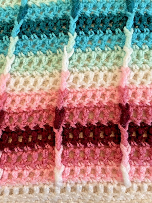 Handmade Crocheted Afghan Striped Pattern 55'x70"/Queen -Pink, teal, mint, white gallery