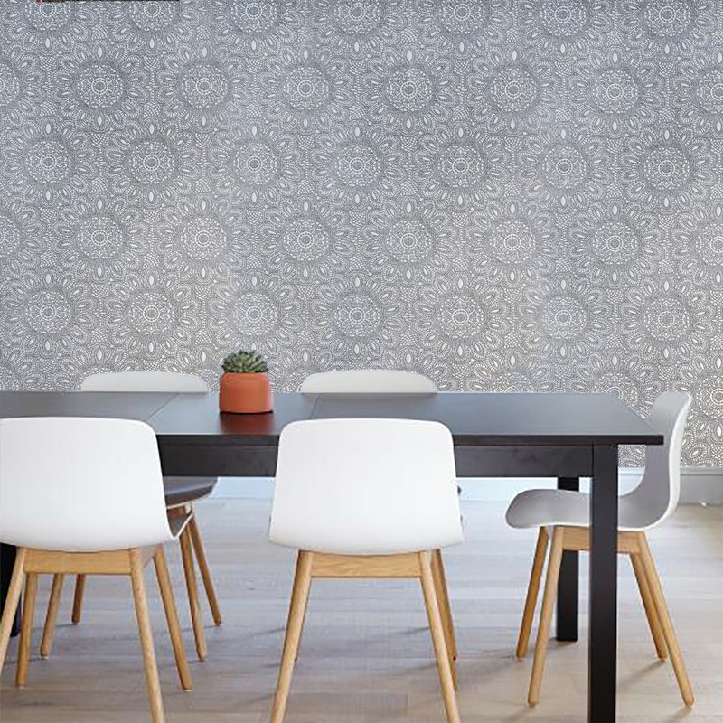 Lace flowers pattern Gray Silver metallic faux fabric textured Wallpaper roll 3D gallery