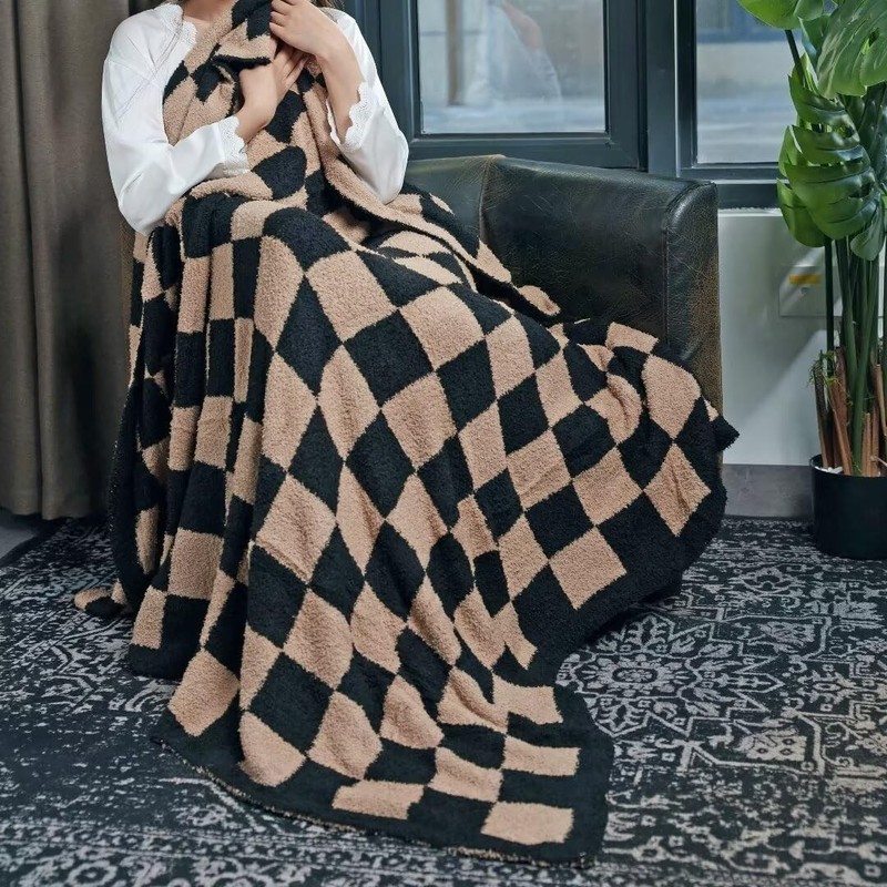 Black Brown Soft Reversible Checkered Knit Throw Blanket Sofa 51x63 Inch gallery