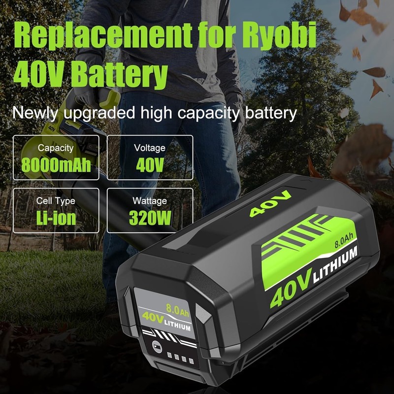 8.0Ah Battery 40 Volt for Ryobi 40V Lithium OP40602 Battery with LED / Charger gallery