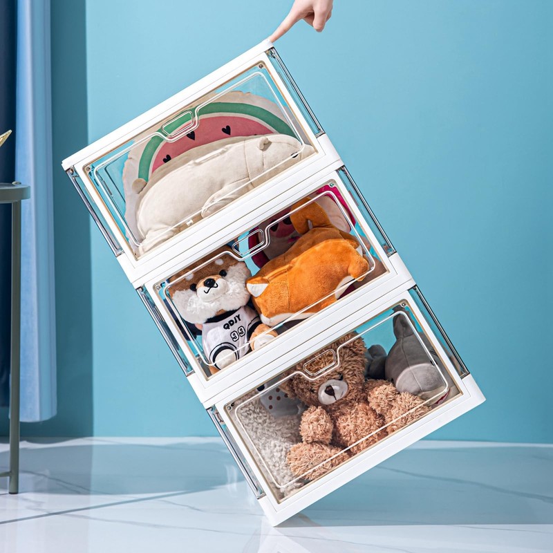 3pack Clear Stackable Storage Bins With Lids Magnetic Doors Open Front Foldable gallery