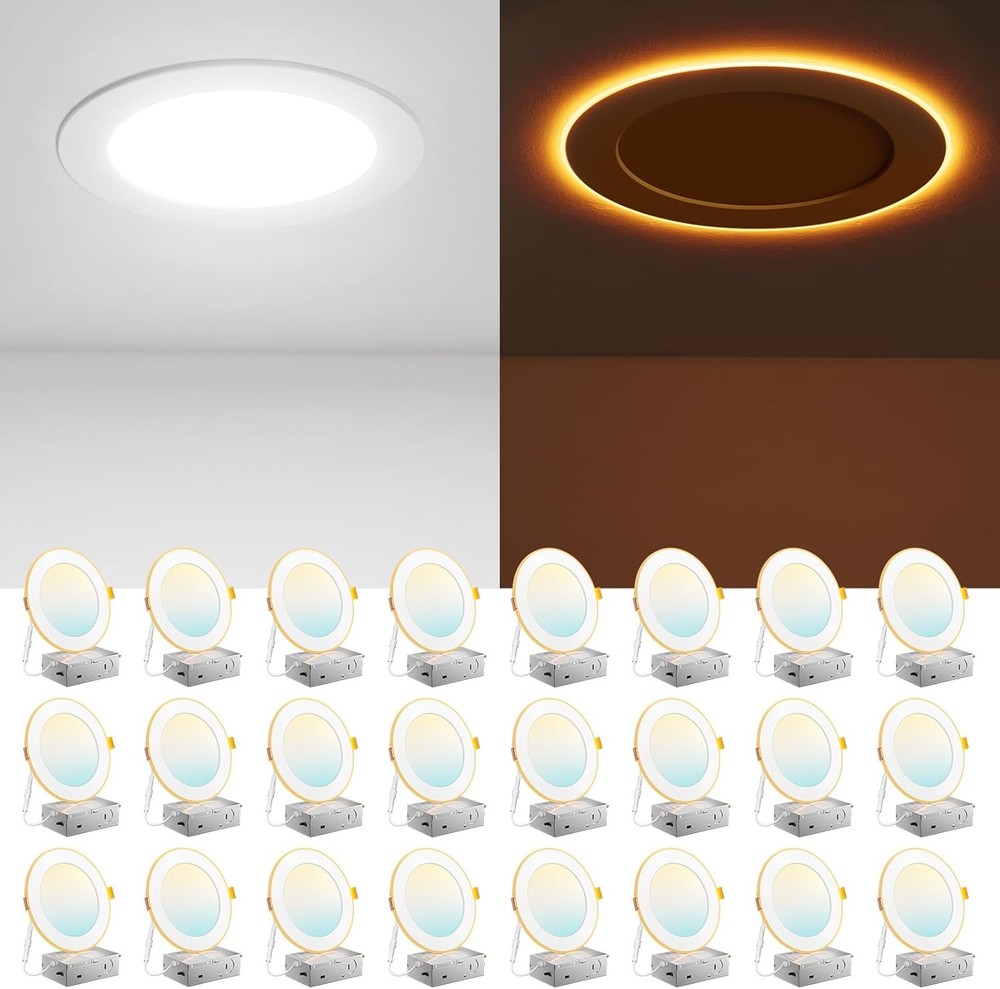 24 Pcs 6in LED Recessed Ceiling Light 5CCT 12W 1100LM Dimmable Night Light White