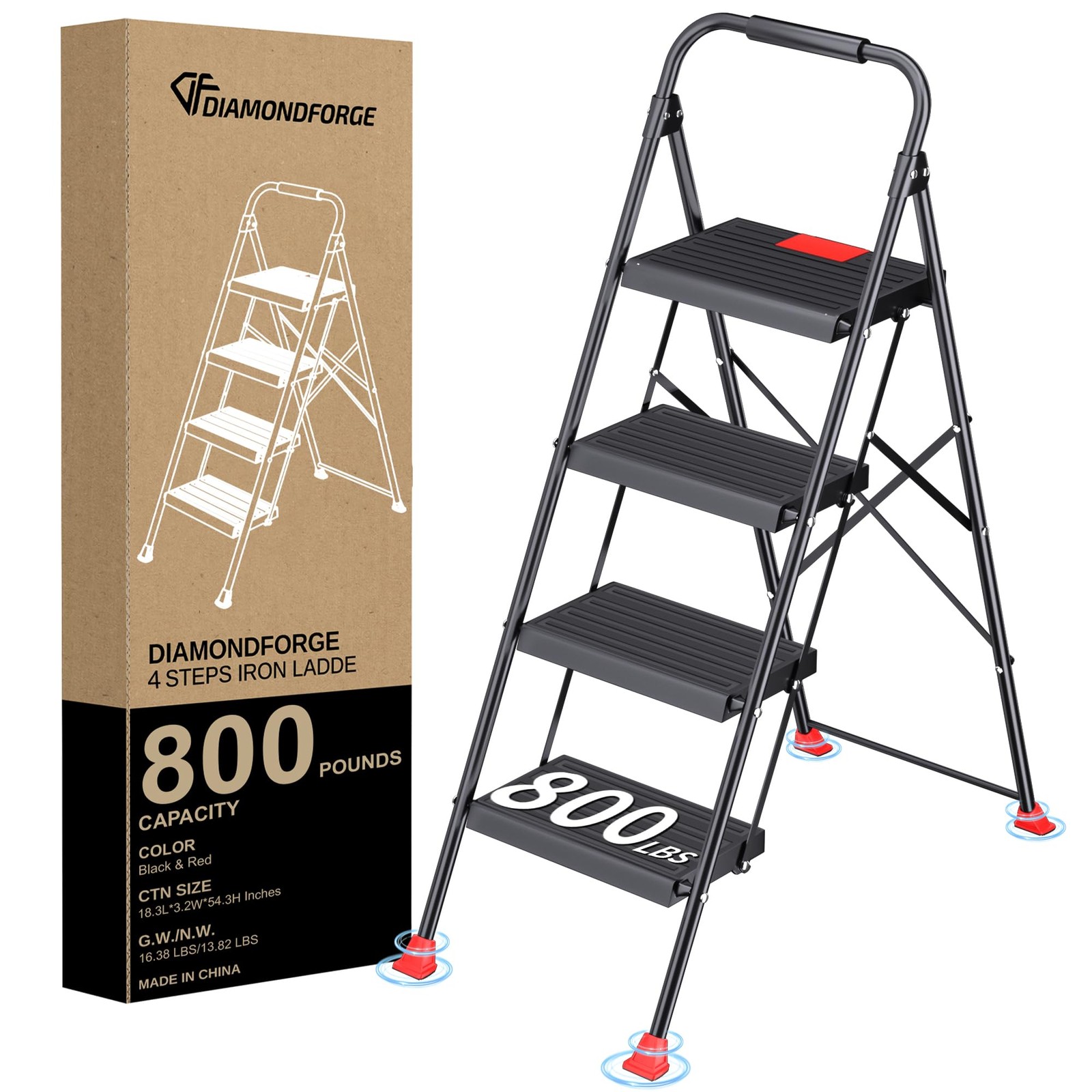 Step Ladder 4 Foldable Heavy Duty 800Lb Handrails Red I84SRD1-1 Folding Stool gallery