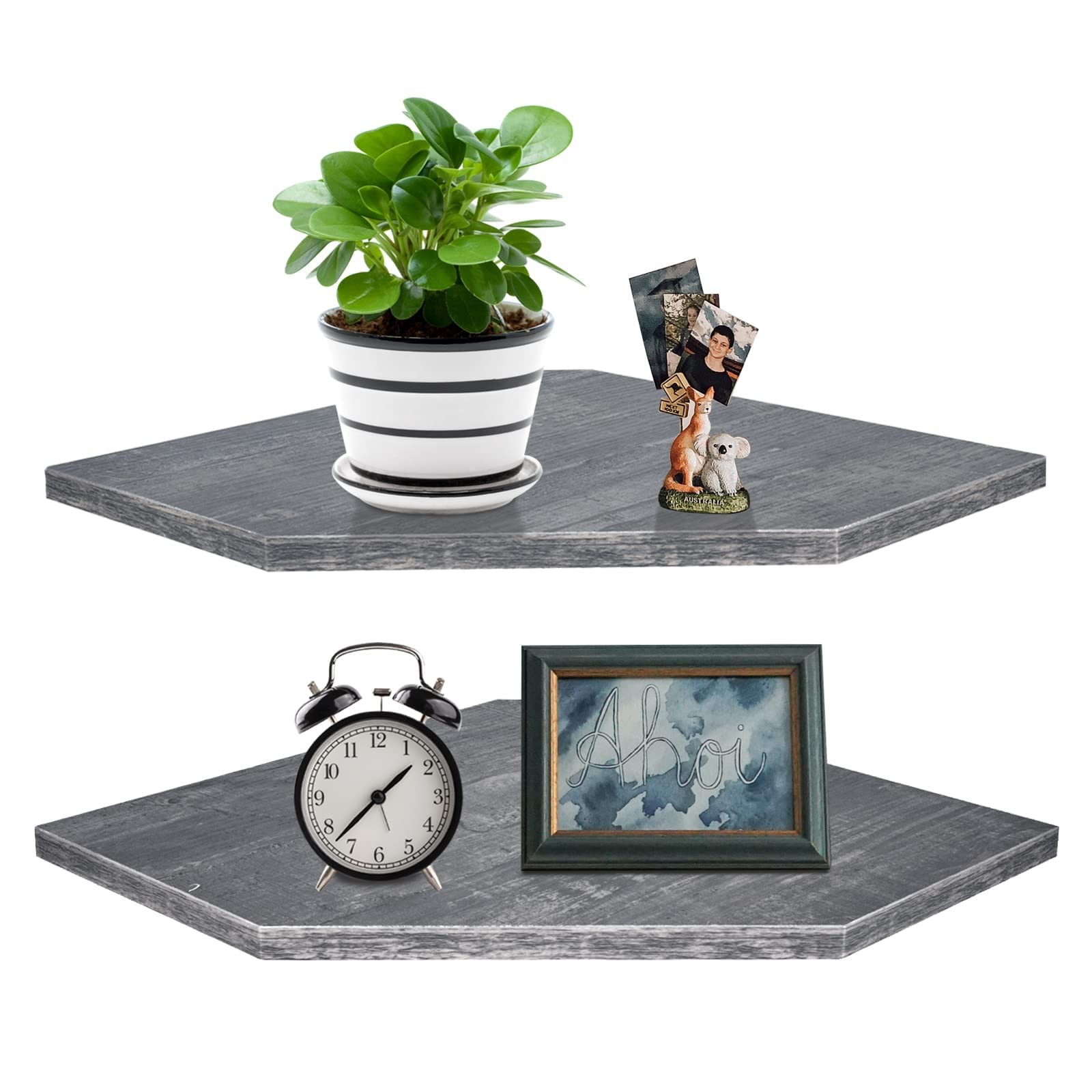 Set 2 Corner Shelf Wall Mount Wood For TV Cable Box Storage Rustic Grey gallery