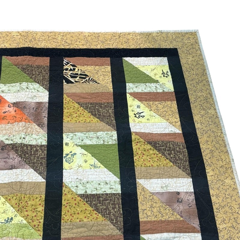 Handmade Patchwork Quilt Throw Asian Geometric Triangles Sashing Signed 2012 gallery