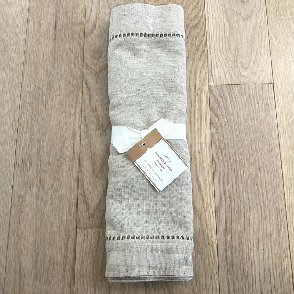 Pottery Barn Hemstitch Table Runner 16" x 108" Natural Tan Color Linen New