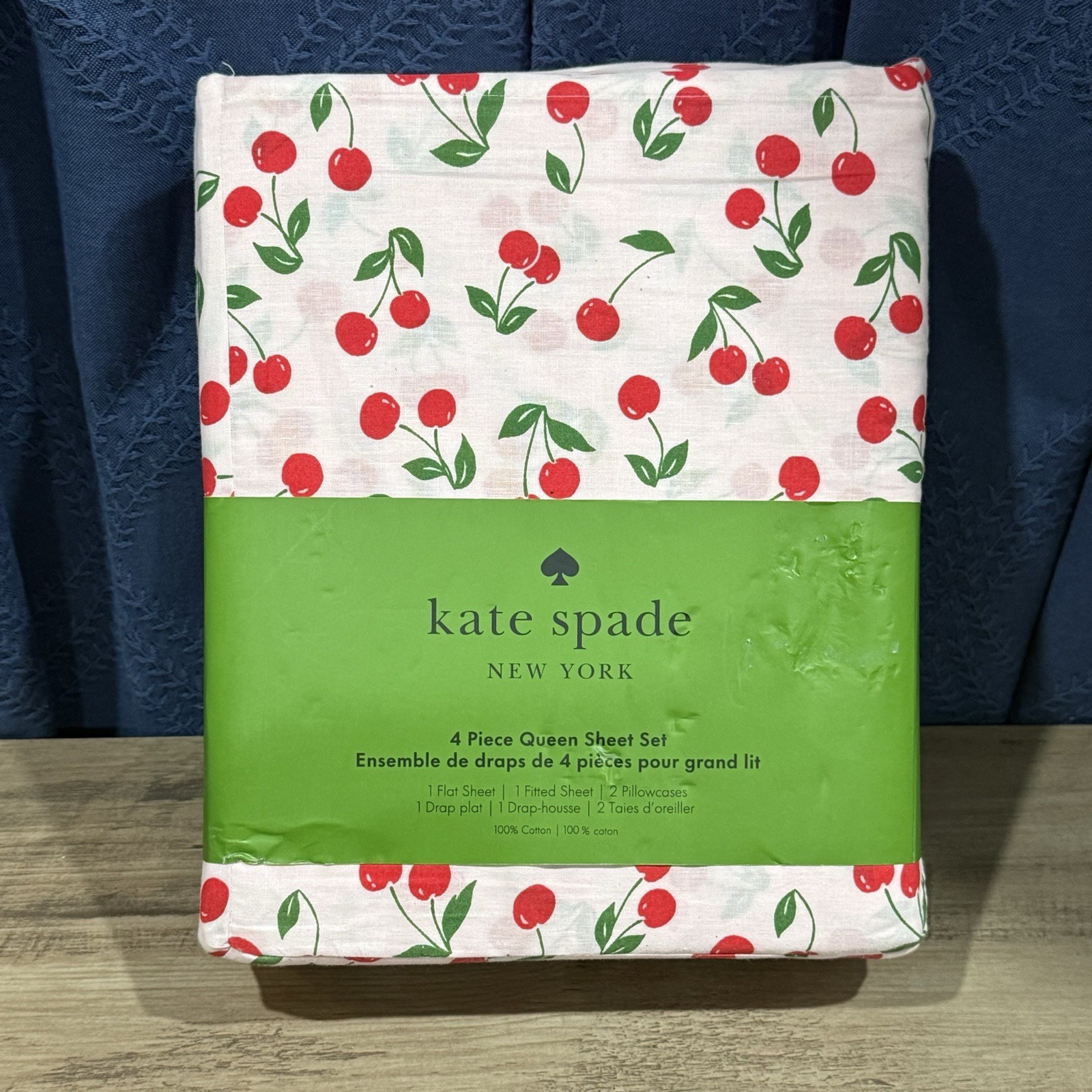 NWT Kate Spade Cherry Toss Pink Cherry Print 100% Cotton Queen Sheet Set 4pc gallery