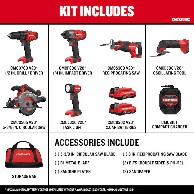 CRAFTSMAN CMCK601D2 V20 20-volt Max 6-Tool Power Tool Combo Kit with Soft Case gallery