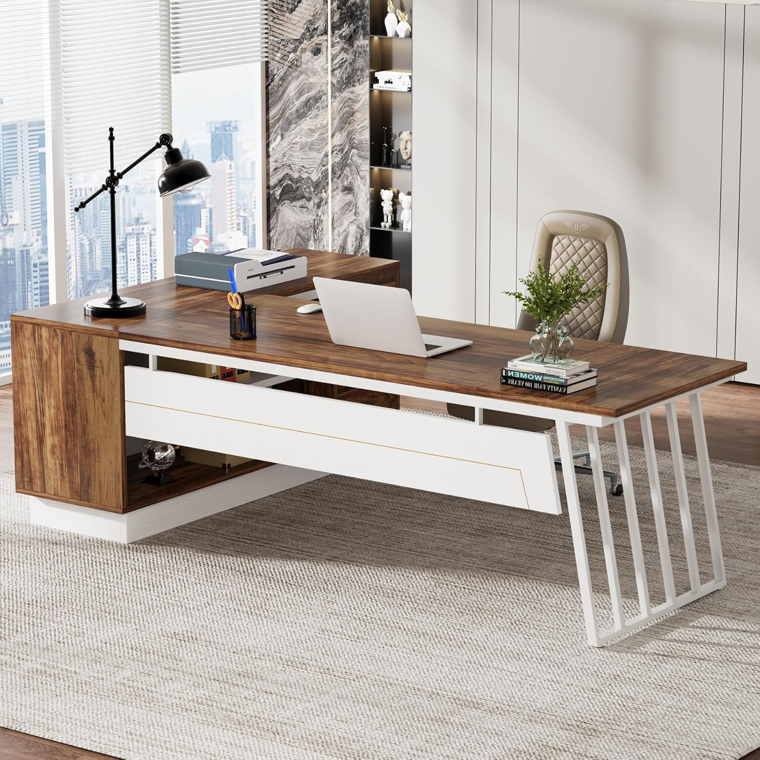 71-Inch Executive Desk, L-Shaped Desk with Cabinet, Large Office Desk with Drawe gallery