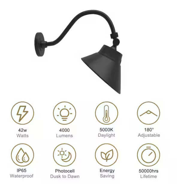 10" 42-Watt, 4000 Lm LED Black Angle Shade Gooseneck Barn Light with Photocell gallery