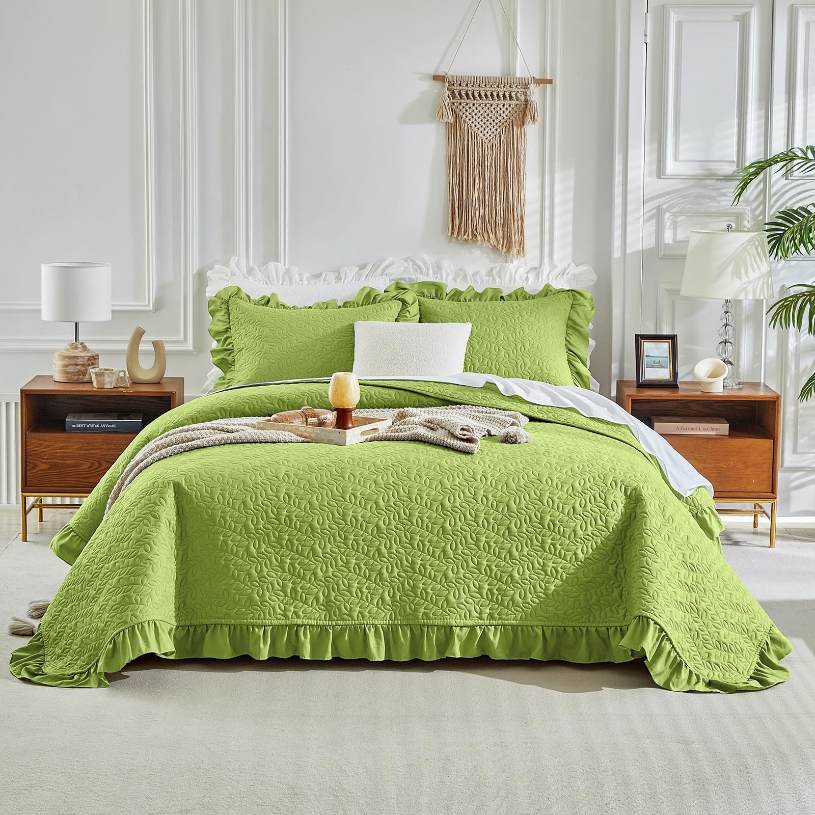 Ruffled Quilt Set Queen Size 96 * 96in - 3 Pieces Solid Shabby Chic Farmhouse... gallery