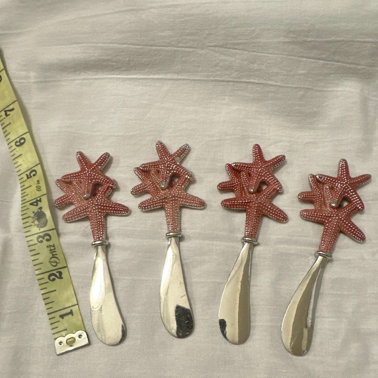Set of 4 Starfish Handle Cheese Spreaders Silver Red Beach Theme 5 inch gallery